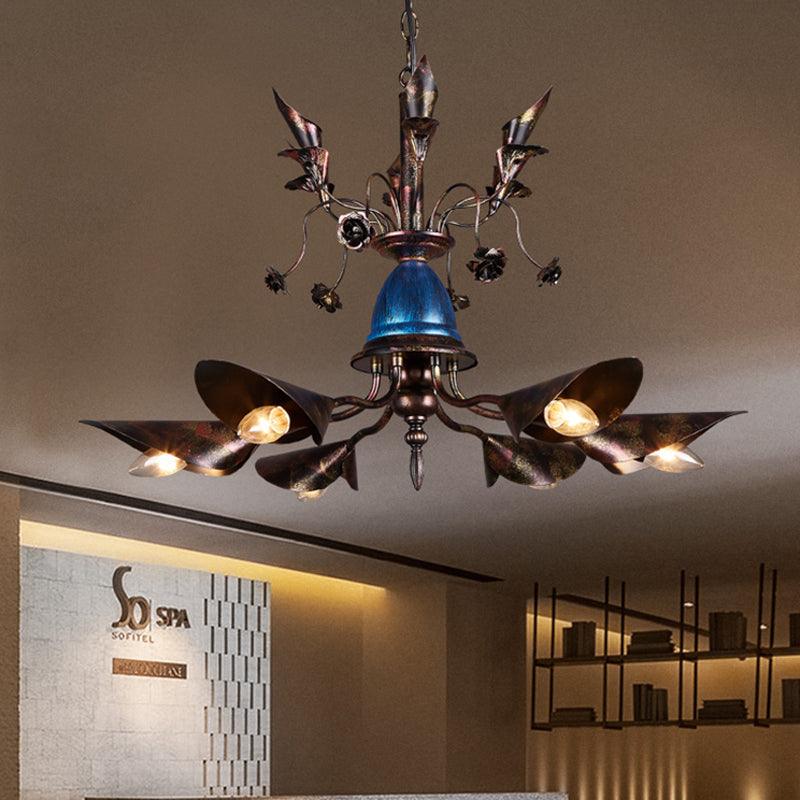 6-Light Bell Chandelier Traditional Blue Iron Pendant Shade - Rebooters