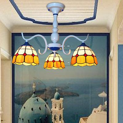 3/6 Lights Dome Semi Flush Light Stained Glass Tiffany Semi Flushmount in Blue Orange for Foyer - Rebooters