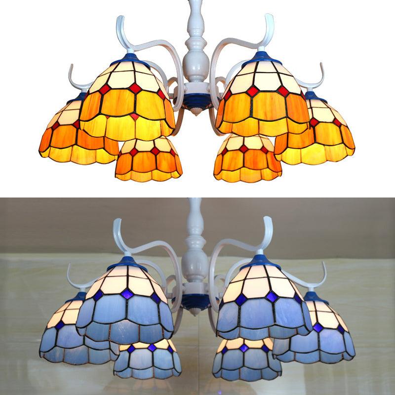 3/6 Lights Dome Semi Flush Light Stained Glass Tiffany Semi Flushmount in Blue Orange for Foyer - Rebooters