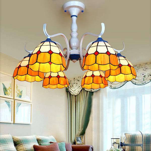 3/6 Lights Dome Semi Flush Light Stained Glass Tiffany Semi Flushmount in Blue Orange for Foyer - Rebooters