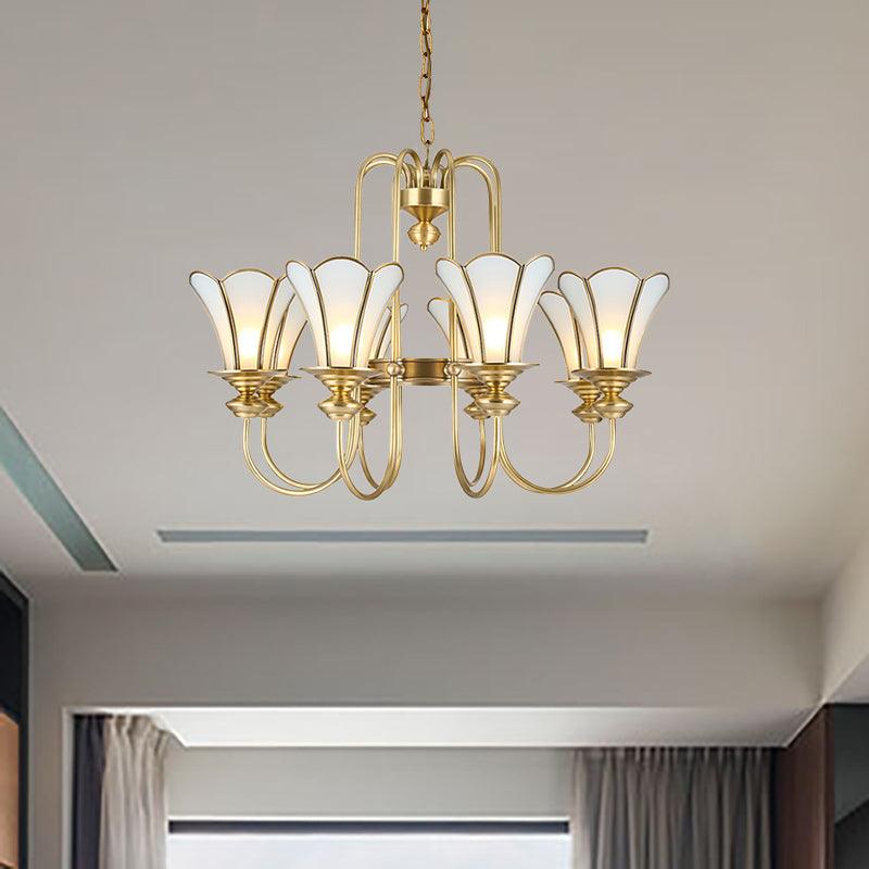 8 Lights Ceiling Chandelier Colonialism Flower White Frosted Glass Pendant Light in Gold - Rebooters
