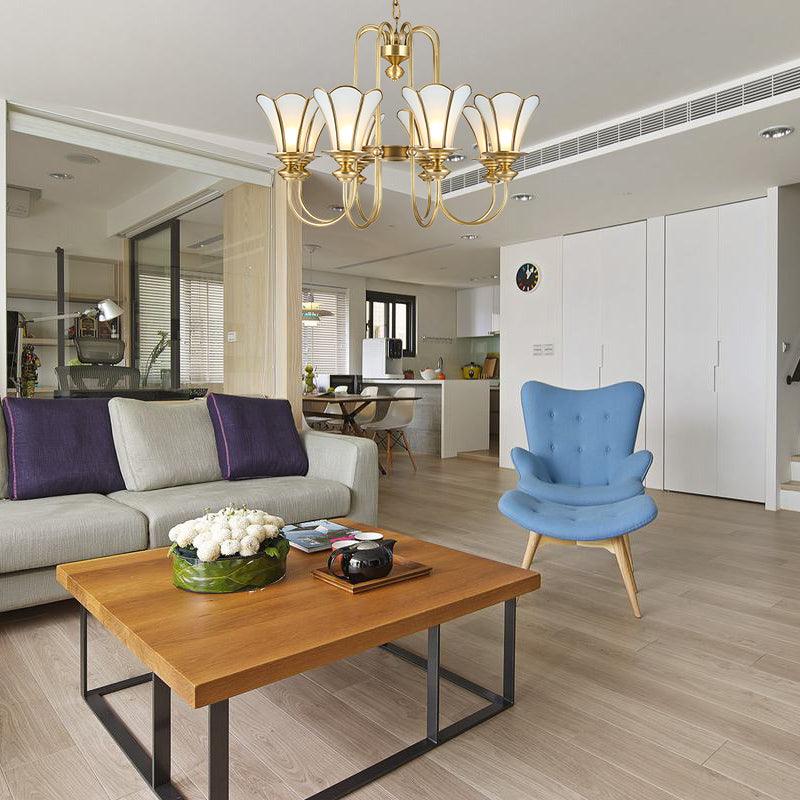 8 Lights Ceiling Chandelier Colonialism Flower White Frosted Glass Pendant Light in Gold - Rebooters