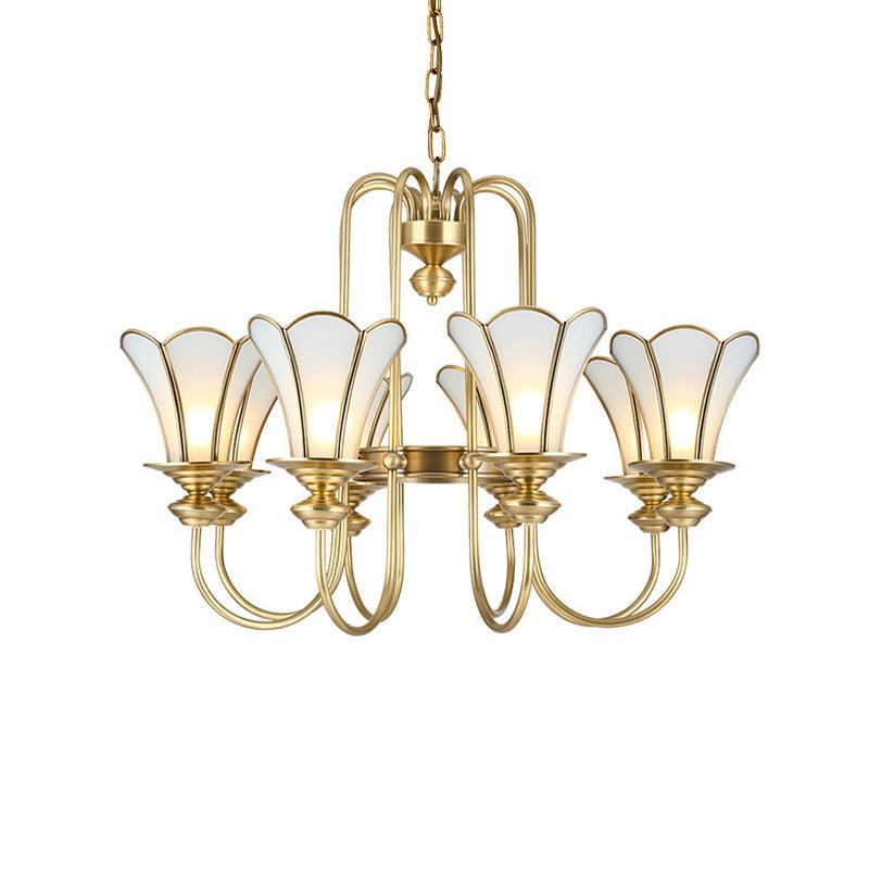 8 Lights Ceiling Chandelier Colonialism Flower White Frosted Glass Pendant Light in Gold - Rebooters