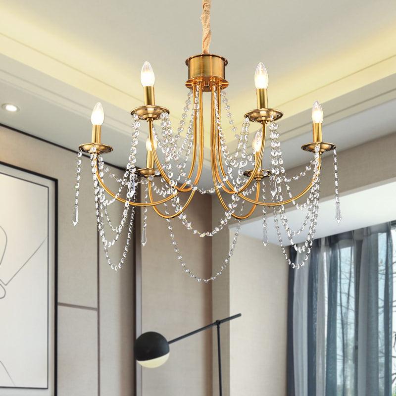 6 Heads Candle Style Ceiling Pendant Light Modern Gold Crystal Beaded Chandelier - Rebooters