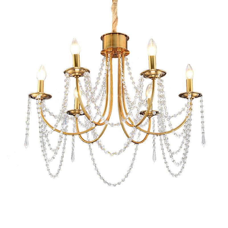 6 Heads Candle Style Ceiling Pendant Light Modern Gold Crystal Beaded Chandelier - Rebooters