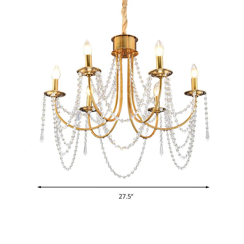 6 Heads Candle Style Ceiling Pendant Light Modern Gold Crystal Beaded Chandelier - Rebooters