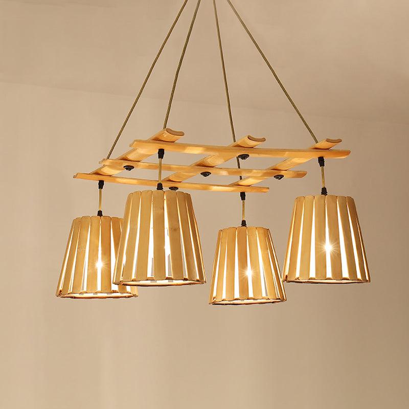 Beige Barrel Pendant Chandelier Modern 4 Lights Wood Ceiling Light - Rebooters