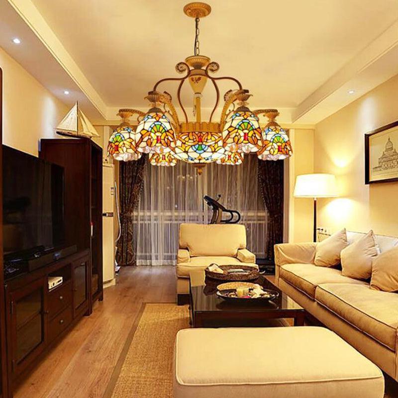 8/11 Lights Living Room Ceiling Chandelier Mediterranean Brown Pendant Lamp with Flower Stained Glass Shade - Rebooters