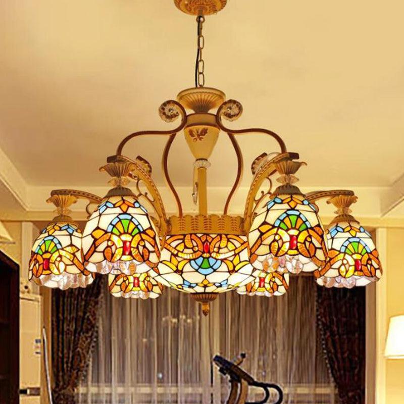 8/11 Lights Living Room Ceiling Chandelier Mediterranean Brown Pendant Lamp with Flower Stained Glass Shade - Rebooters