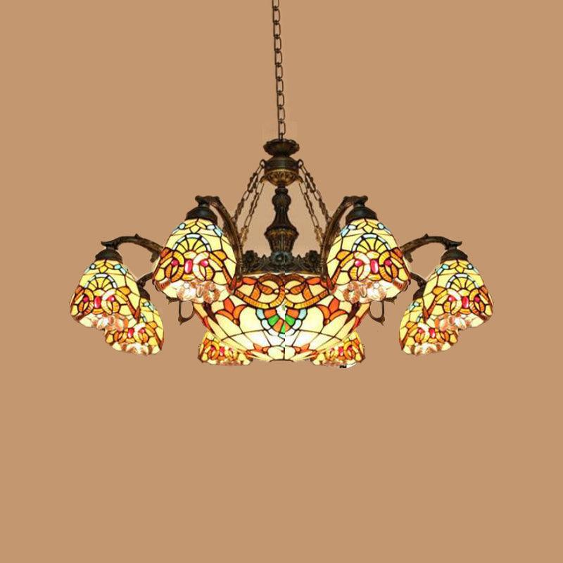 8/11 Lights Living Room Ceiling Chandelier Mediterranean Brown Pendant Lamp with Flower Stained Glass Shade - Rebooters