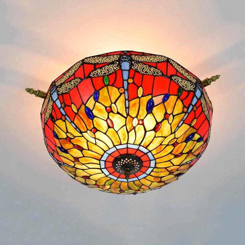 5 Lights Dragonfly Ceiling Lighting Tiffany Brass Stained Glass Semi Flush Mount Light 21.5/25.5 W - Rebooters