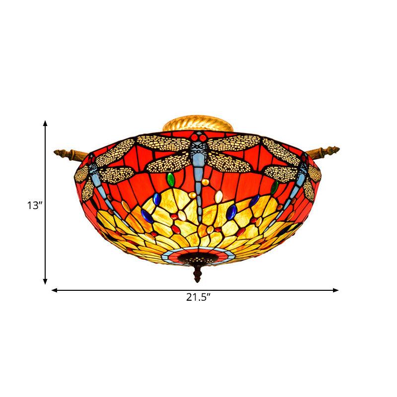 5 Lights Dragonfly Ceiling Lighting Tiffany Brass Stained Glass Semi Flush Mount Light 21.5/25.5 W - Rebooters