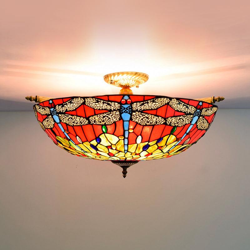 5 Lights Dragonfly Ceiling Lighting Tiffany Brass Stained Glass Semi Flush Mount Light 21.5/25.5 W - Rebooters