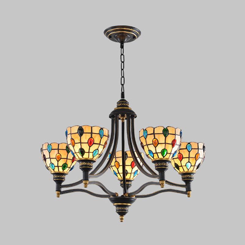 Beaded Chandelier Lighting Tiffany Style Stained Glass 3 Lights Black Gold Ceiling Pendant - Rebooters