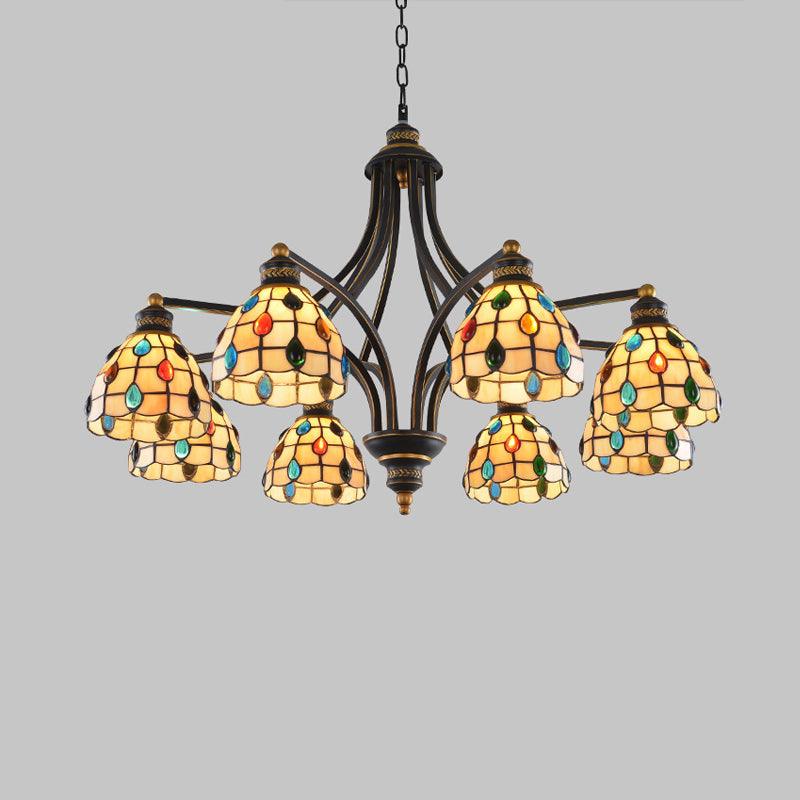 Beaded Chandelier Lighting Tiffany Style Stained Glass 3 Lights Black Gold Ceiling Pendant - Rebooters