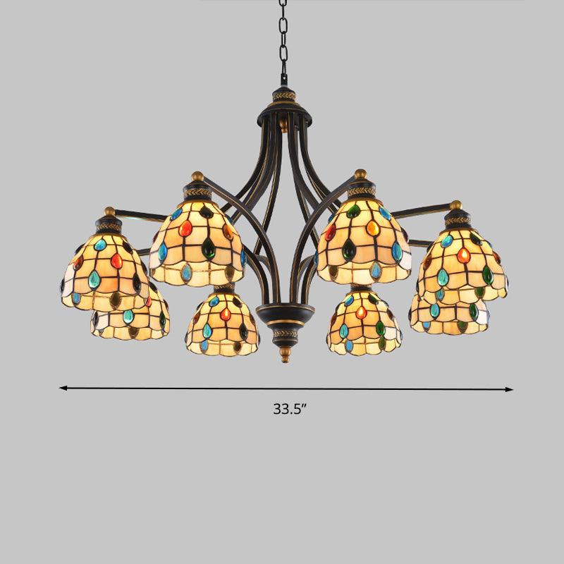 Beaded Chandelier Lighting Tiffany Style Stained Glass 3 Lights Black Gold Ceiling Pendant - Rebooters