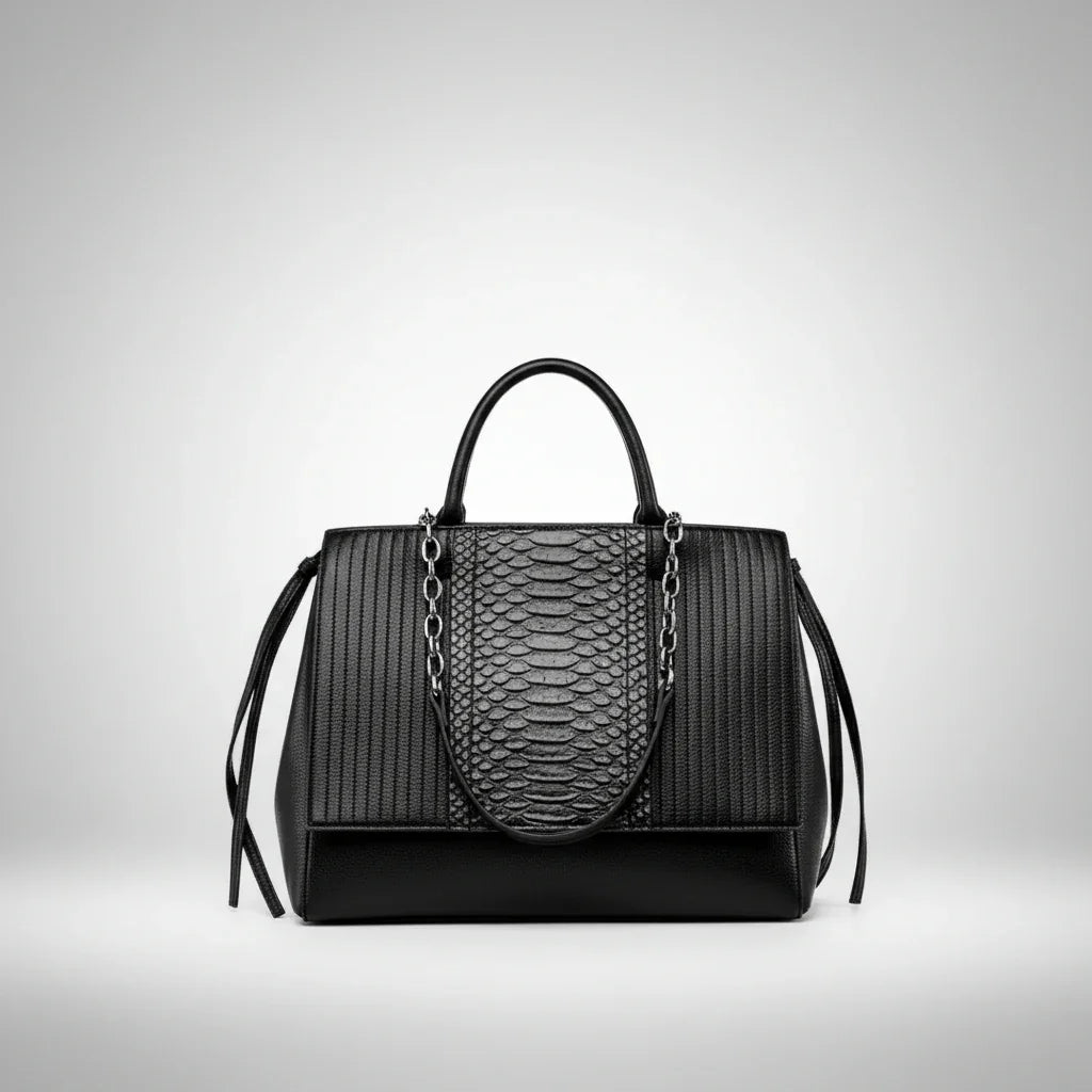 Black leather handbag with snake print panel and chain handle on white background