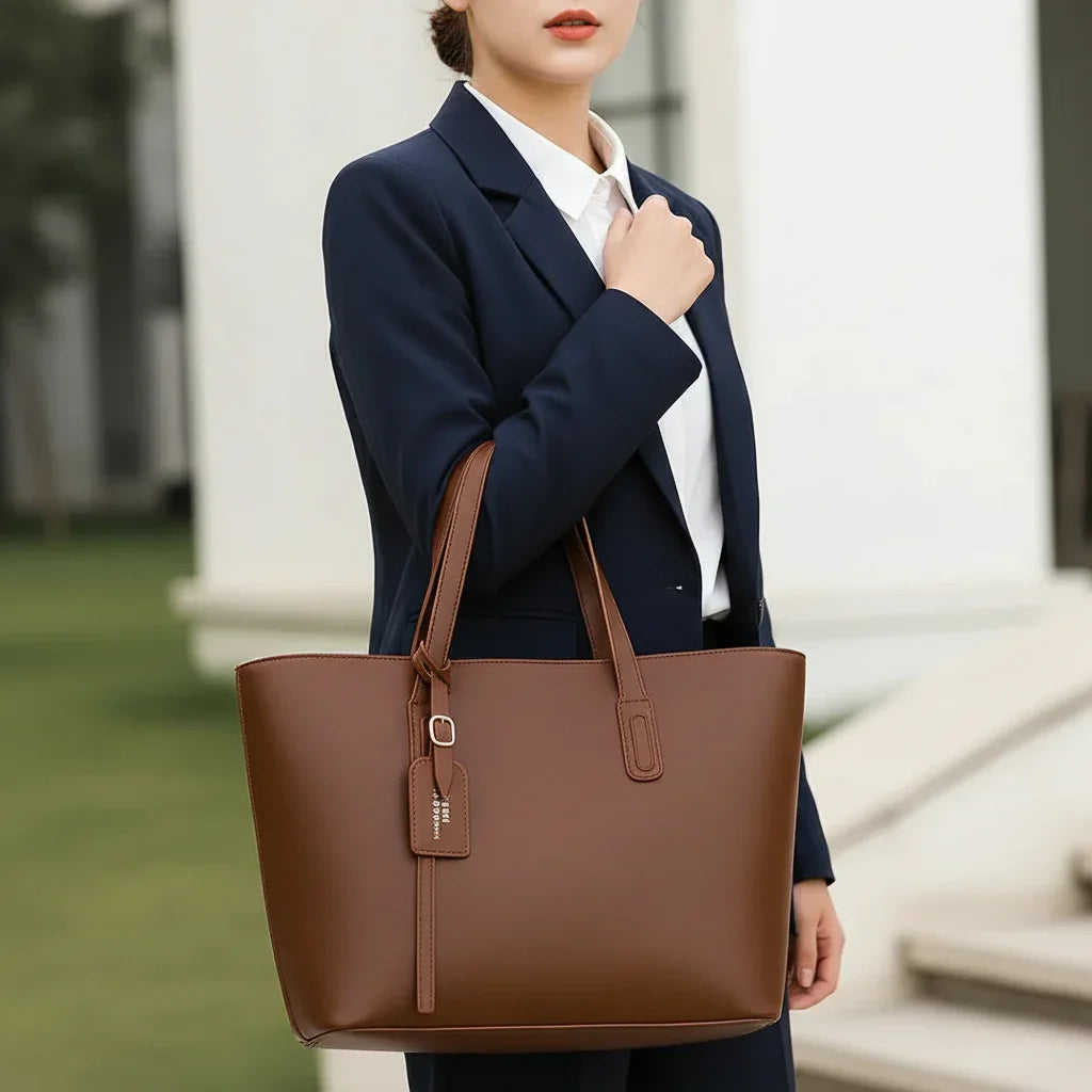 Woman in navy suit holding large brown leather tote bag outdoors