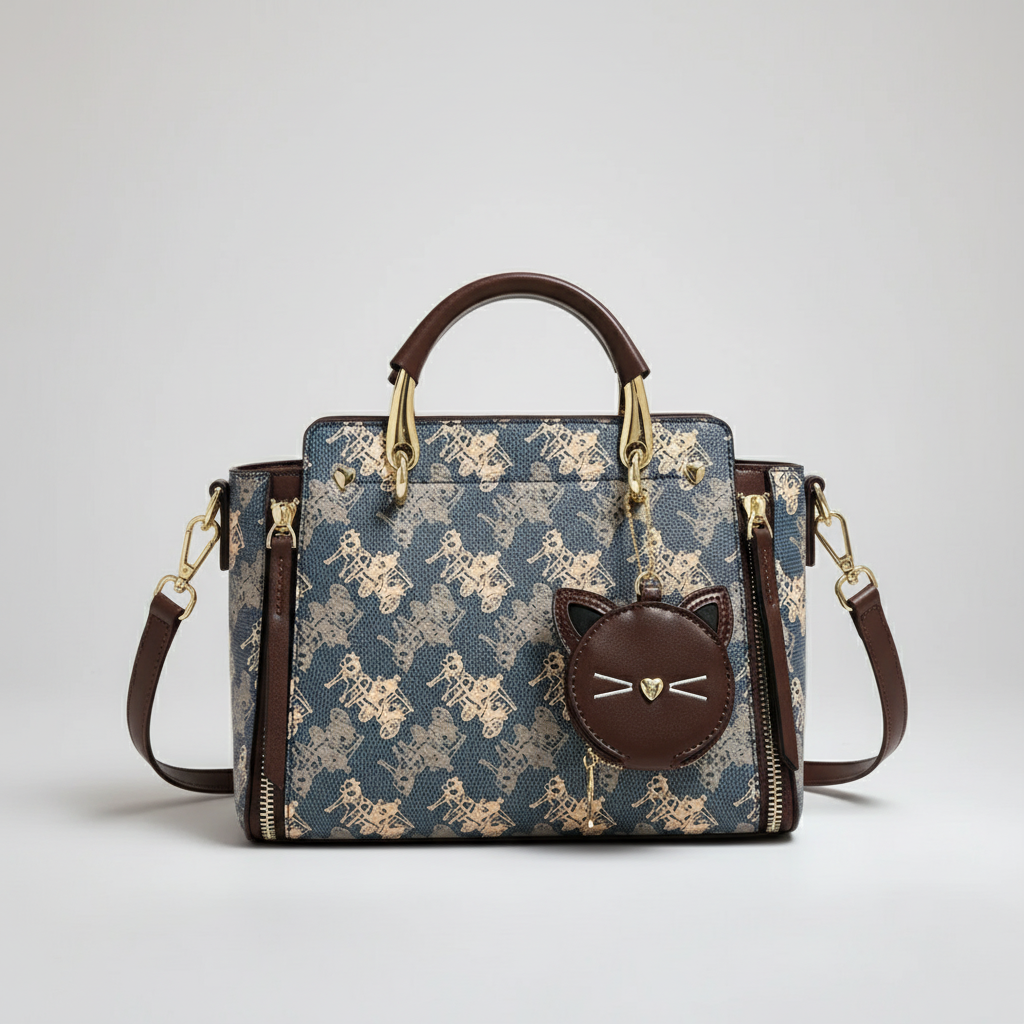 Blue and brown cat print handbag with gold accents and detachable cat-shaped coin purse
