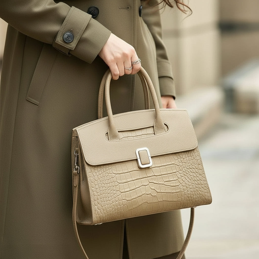 Woman in olive coat holding beige crocodile-embossed leather handbag outdoors