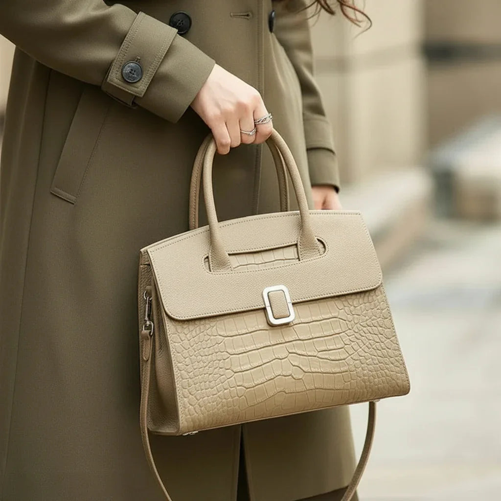 Woman in olive coat holding beige crocodile-embossed leather handbag outdoors