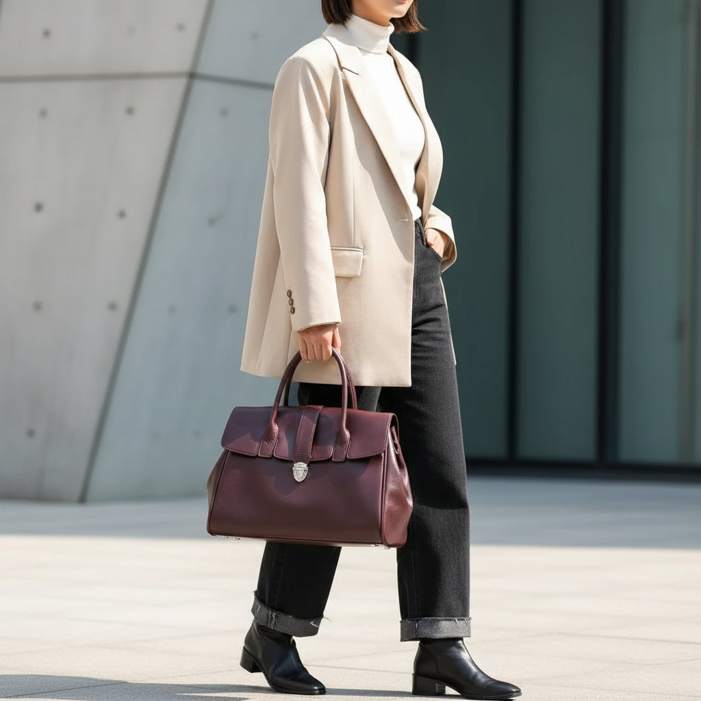 Woman in beige blazer holding large burgundy leather handbag, black jeans, black boots, urban setting