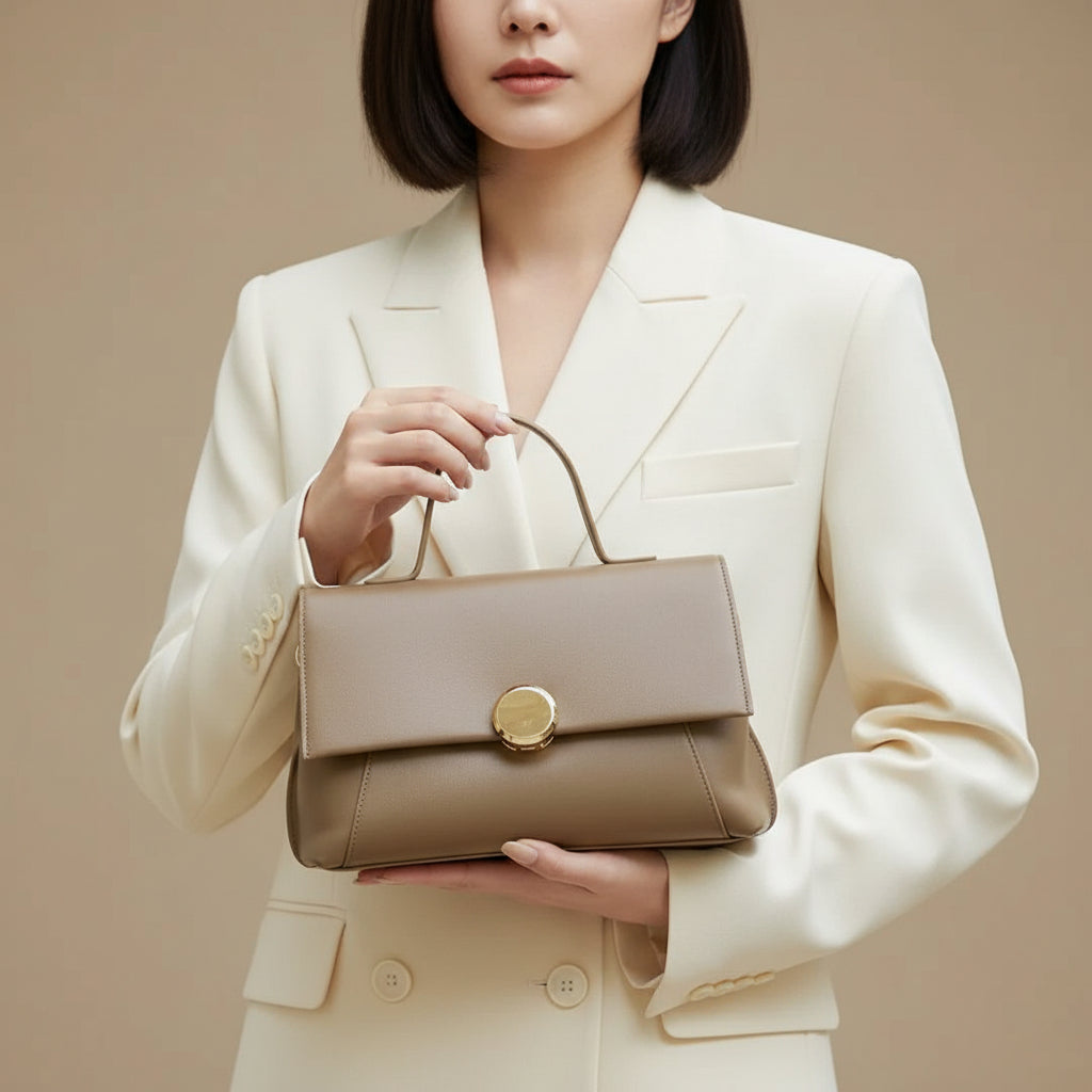 Woman in cream blazer holding taupe leather handbag with gold clasp