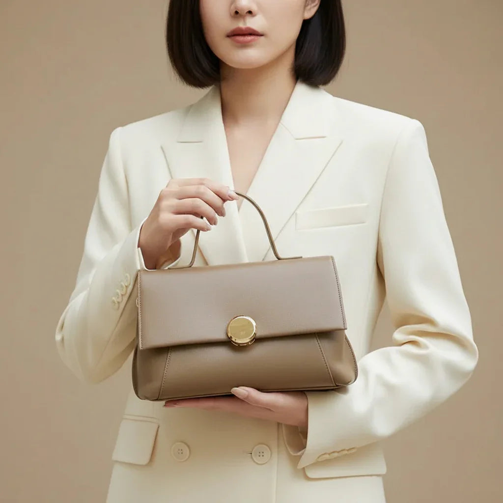 Woman in cream blazer holding taupe leather handbag with gold clasp