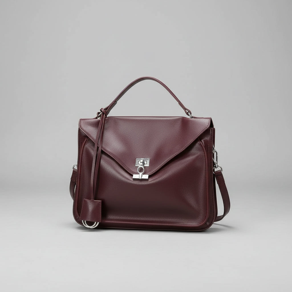 Burgundy leather handbag with top handle and silver hardware on light gray background