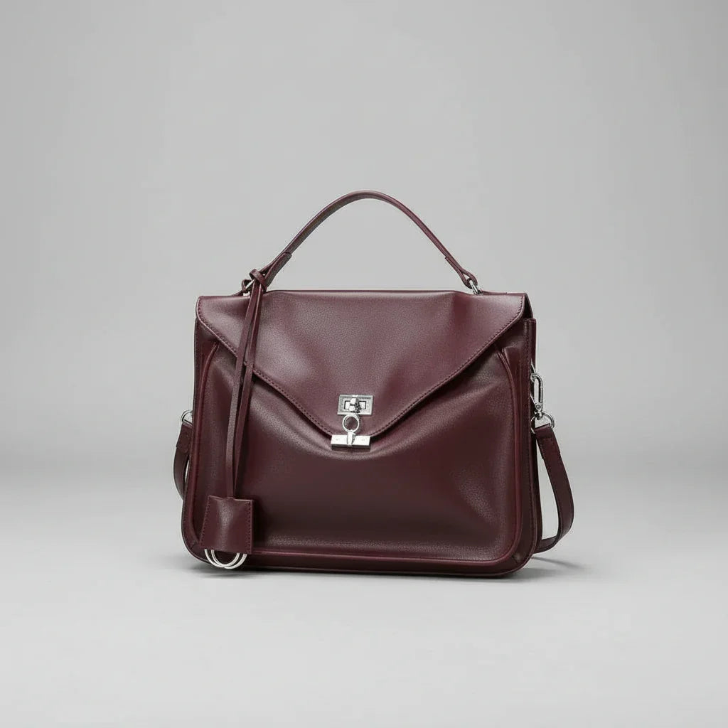 Burgundy leather handbag with top handle and silver hardware on light gray background