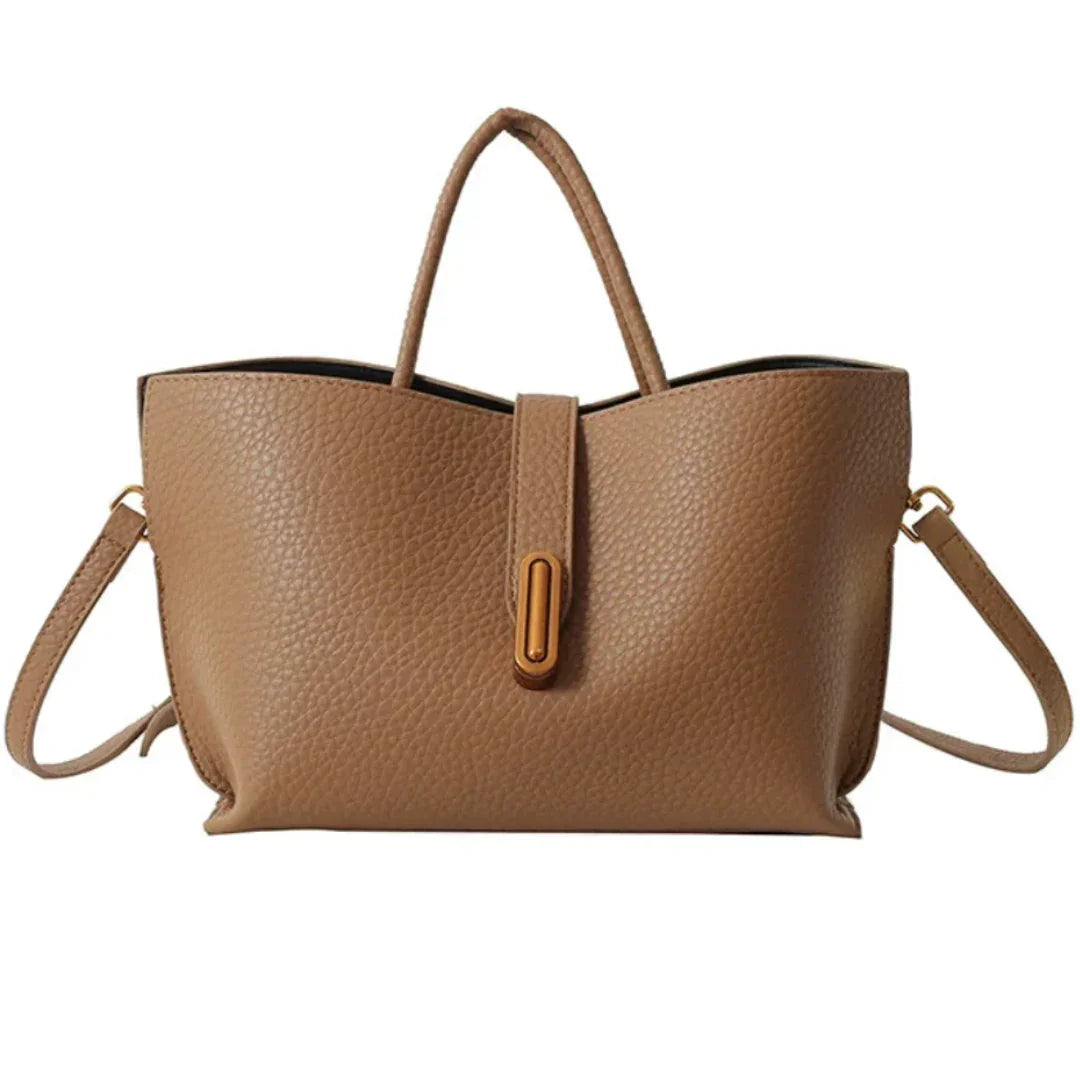 Brown textured leather tote bag with top handle and detachable shoulder strap