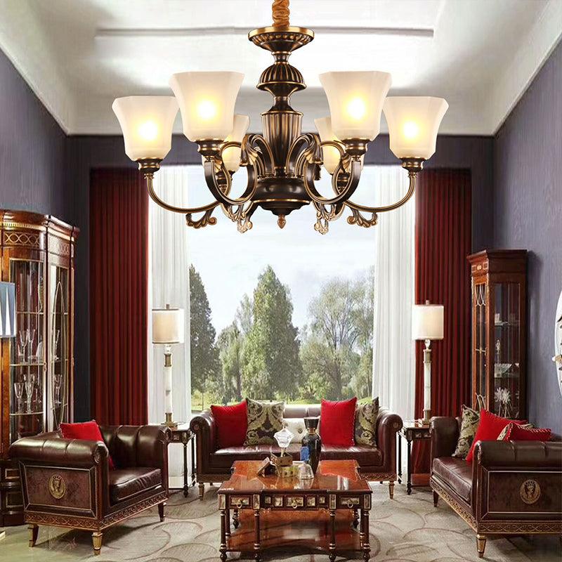 6 Lights Bell Hanging Chandelier Black Gold Frosted Glass - Rebooters