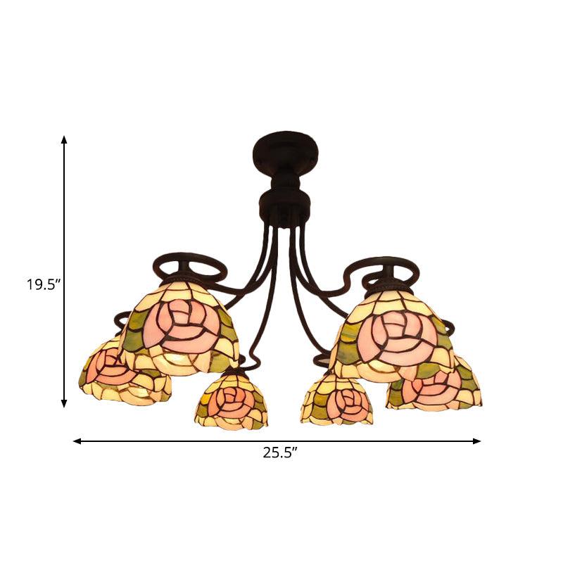 6 Lights Rose Semi Flush Mount Tiffany Pink Glass Light - Rebooters