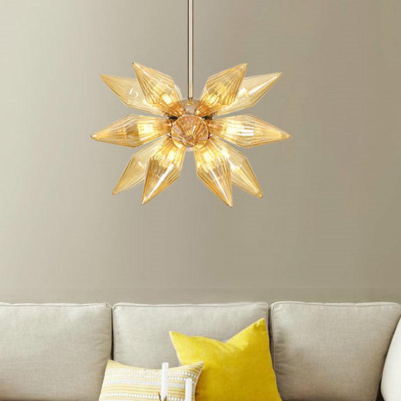 18 Heads Conical Hanging Chandelier Modern Amber Ribbed Glass Ceiling Pendant Light in Gold - Rebooters