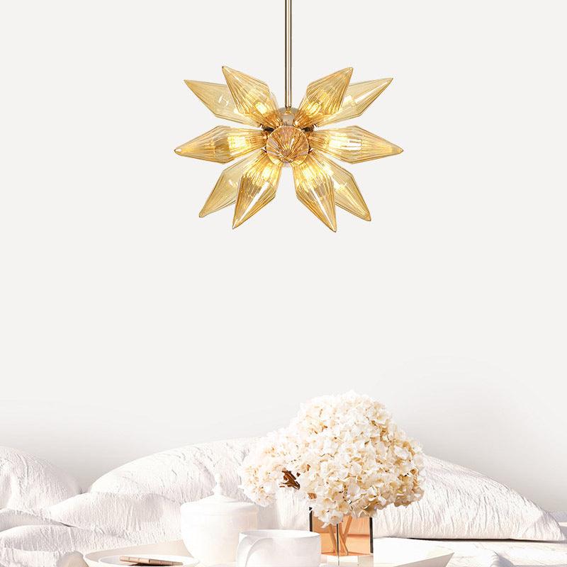 18 Heads Conical Hanging Chandelier Modern Amber Ribbed Glass Ceiling Pendant Light in Gold - Rebooters