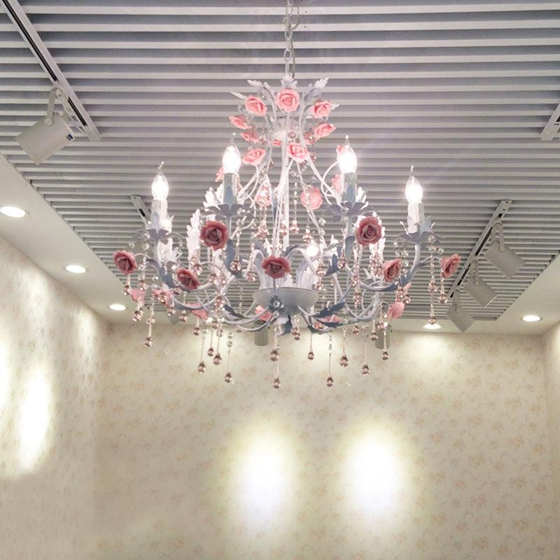 6/8 Bulbs Candle Hanging Chandelier Traditionalist White Crystal Ceiling Lamp - Rebooters