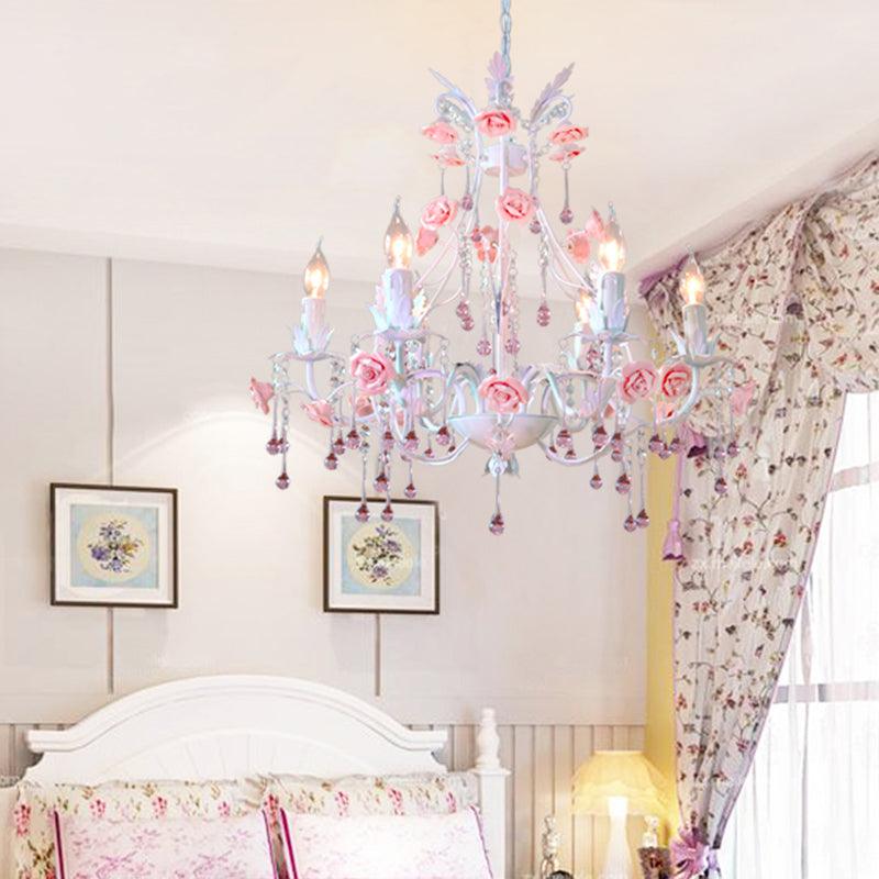 6/8 Bulbs Candle Hanging Chandelier Traditionalist White Crystal Ceiling Lamp - Rebooters