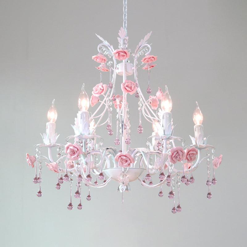 6/8 Bulbs Candle Hanging Chandelier Traditionalist White Crystal Ceiling Lamp - Rebooters