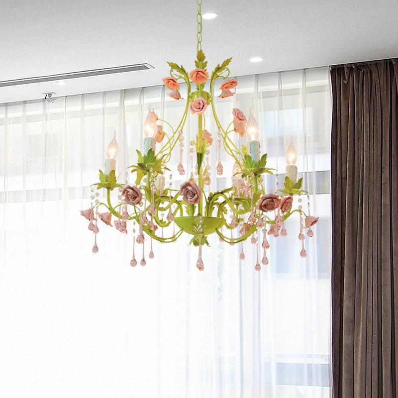 6/8 Bulbs Candle Pendant Lamp Traditionalism Green Crystal Chandelier Light Fixture - Rebooters