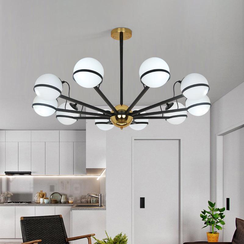 Modernist Round Hanging Chandelier Frosted White Glass Pendant Light Fixture in Black - Rebooters