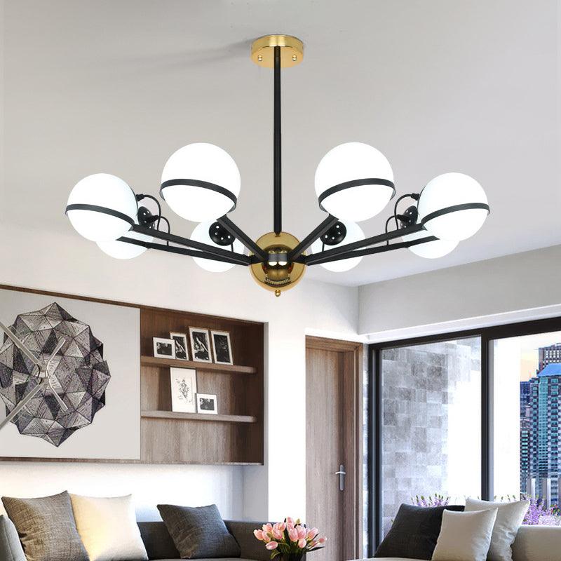 Modernist Round Hanging Chandelier Frosted White Glass Pendant Light Fixture in Black - Rebooters