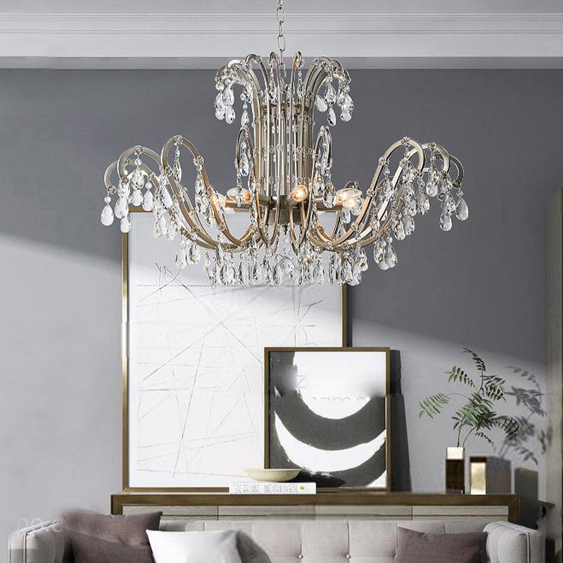5/8 Lights Chandelier Minimalism Swooping Arm Crystal Pendant Light Kit in Aged Silver - Rebooters