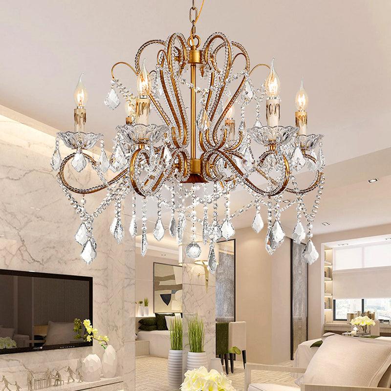 6/8 Lights Curving Chandelier Lighting Rural Style Brass Crystal Ceiling Light - Rebooters