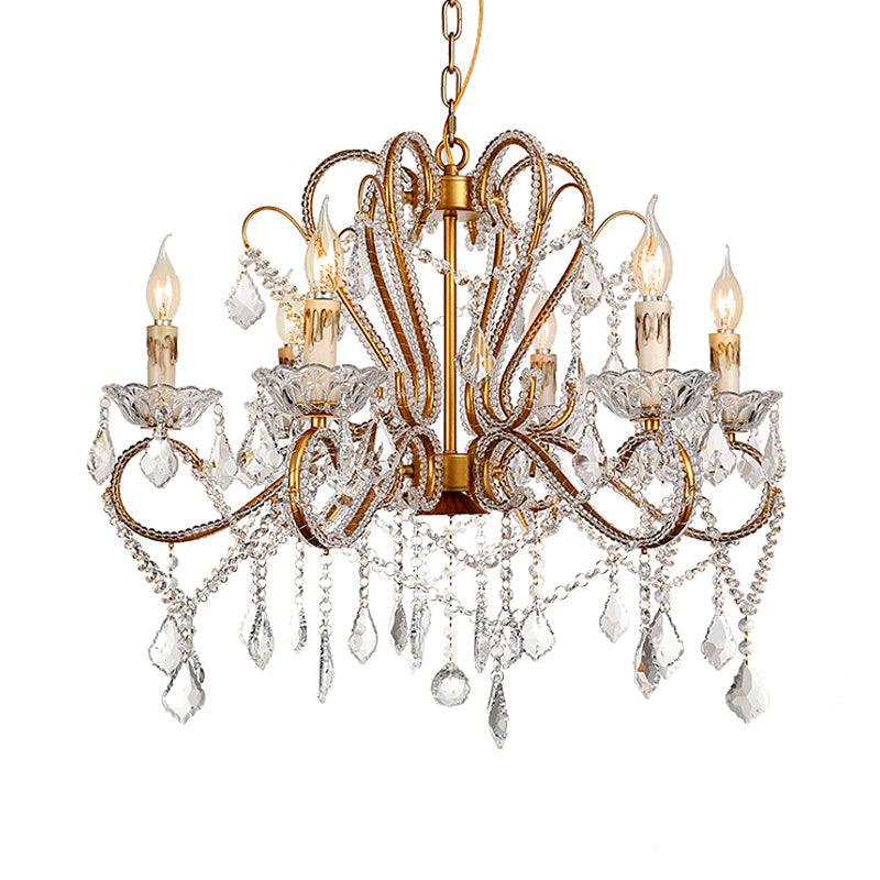 6/8 Lights Curving Chandelier Lighting Rural Style Brass Crystal Ceiling Light - Rebooters