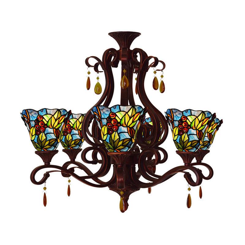 6 Lights Bedroom Ceiling Chandelier Victorian Red Pink Blue Drop Pendant Floral Stained Glass Shade - Rebooters