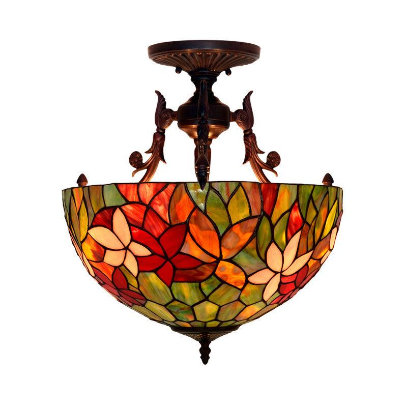 3 Lights Semi Flush Mediterranean Flower Stained Glass Light - Rebooters