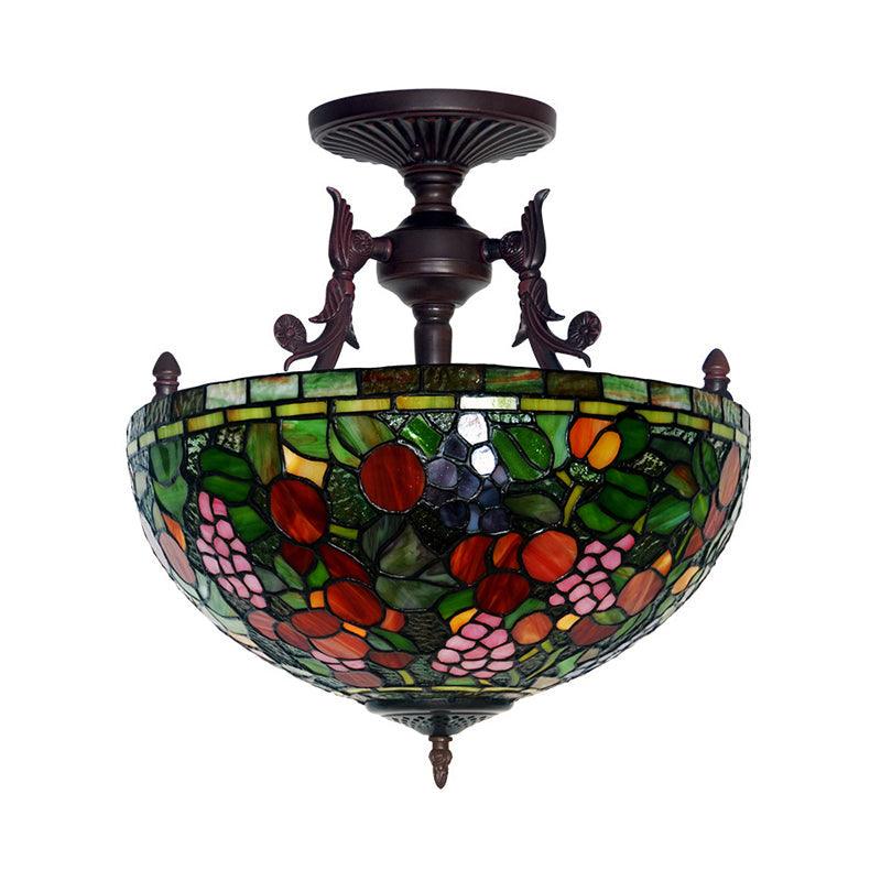 3 Lights Semi Flush Mediterranean Flower Stained Glass Light - Rebooters