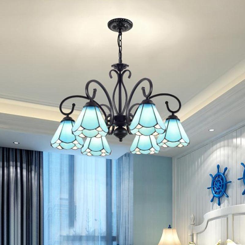 Black 5/6/8 Lights Chandelier Light Fixture Tiffany Style Blue Glass Cone Lamp - Rebooters