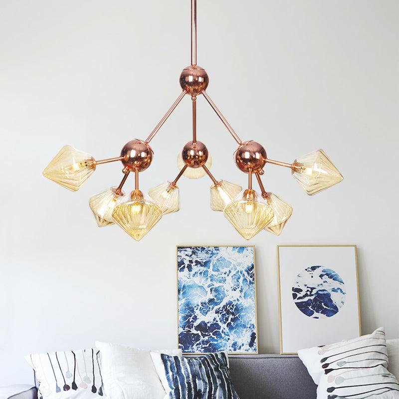 Amber Glass Diamond Hanging Chandelier 9 Bulbs Rose Gold Fixture - Rebooters