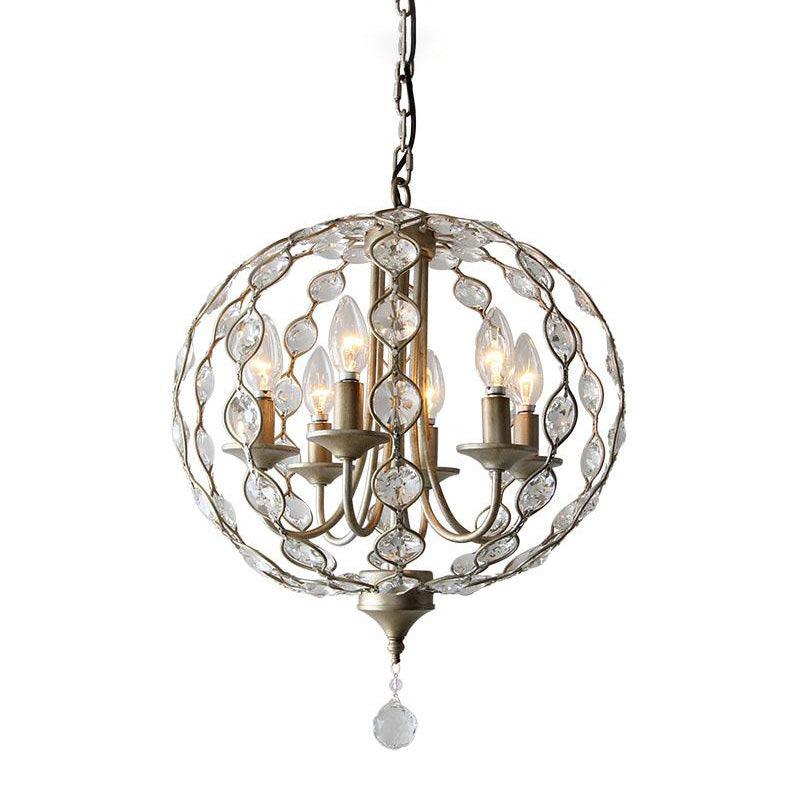 Aged Silver Spherical Chandelier Lighting Traditional 6 Heads Crystal Pendant Light - Rebooters